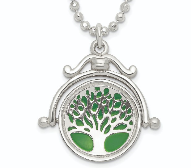 Sterling silver green enamel tree of life pendant that is reversible and engraved on the opposite side 