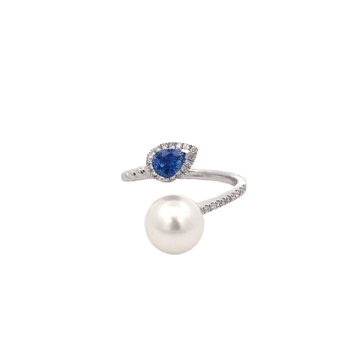 18 Karat White Gold Blue Sapphire  Diamond And South Sea Pearl  By  Pass Ring