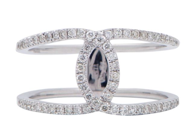 DSL eighteen karat white gold oval interlocking diamond ring  The ring contains 2 cutout ovals interlocking having a total of 60 full cut diamonds weighing .22 carat and are graded G-H color and VS2-SI1 clarity