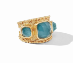 Julie Vos 24 Karat Yellow Gold Plated Trieste Statement Ring Having 3 Cushion Cut Iridescent Peacock Blue Crystals