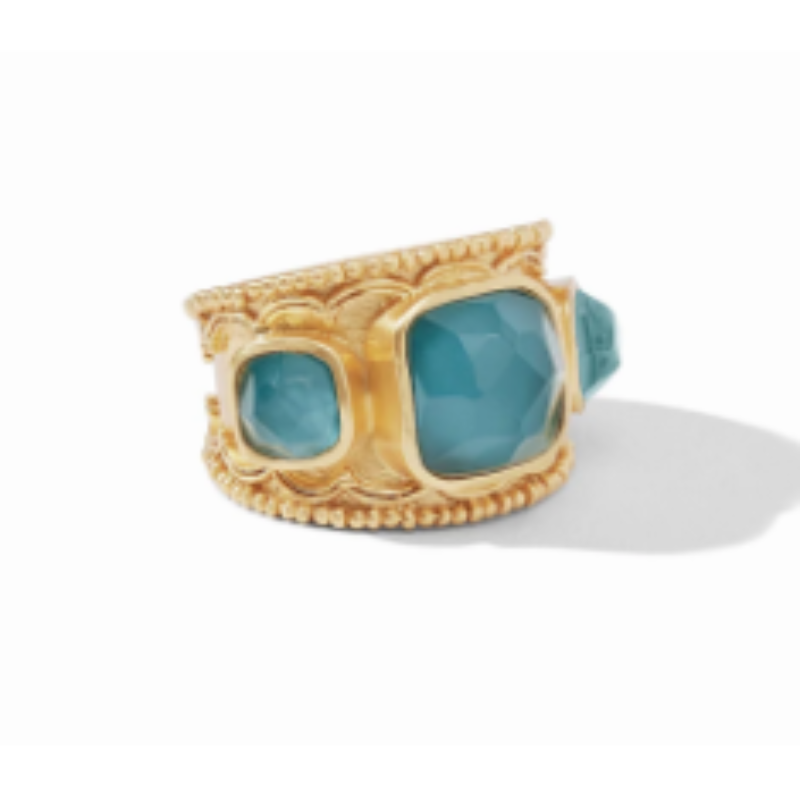 Julie Vos 24 Karat Yellow Gold Plated Trieste Statement Ring Having 3 Cushion Cut Iridescent Peacock Blue Crystals