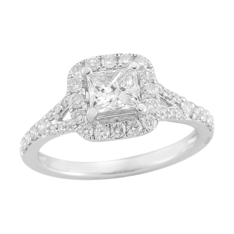 14 Karat White Gold Princess Cut Diamond Halo Engagement Ring