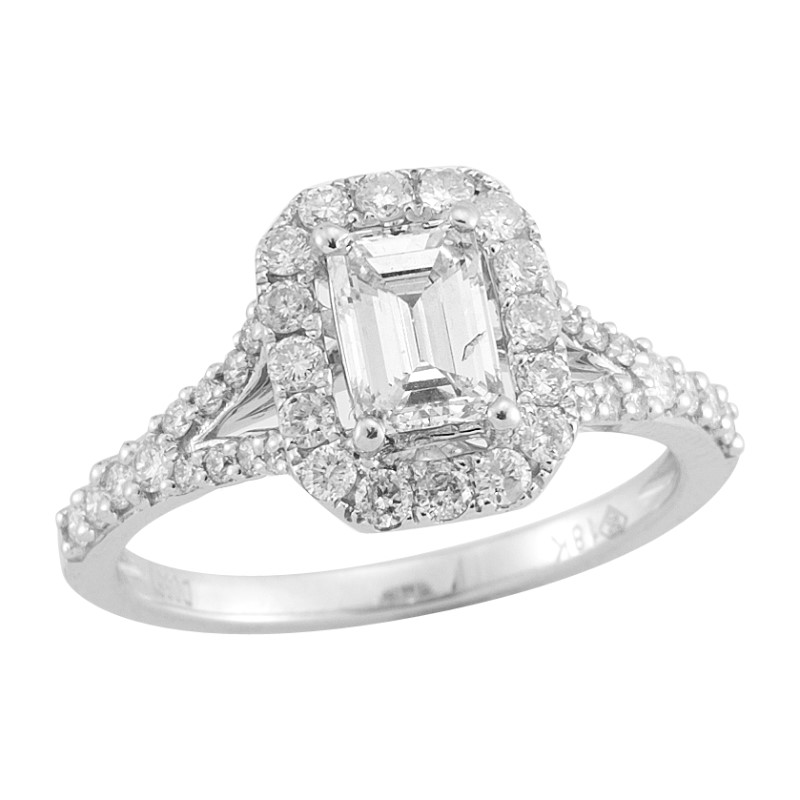 14  Karat White Gold Emerald Cut Diamond Halo Engagement Ring
