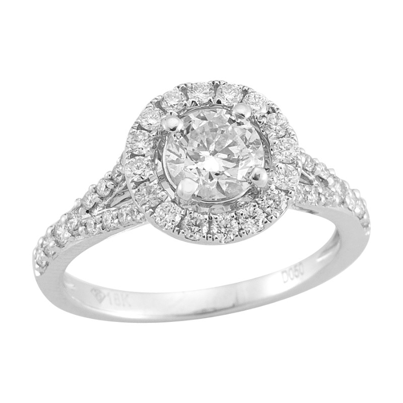 14 Karat White Gold Round Brilliant Diamond Halo Engagement Ring .83 Carat Total Weight