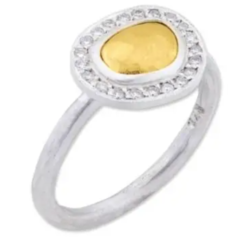 Lika Behar 24K Gold &White Silver “Reflections” Small Ring With Hammered Gold Dome Top & Diamonds  2 Mm White Silver Shank