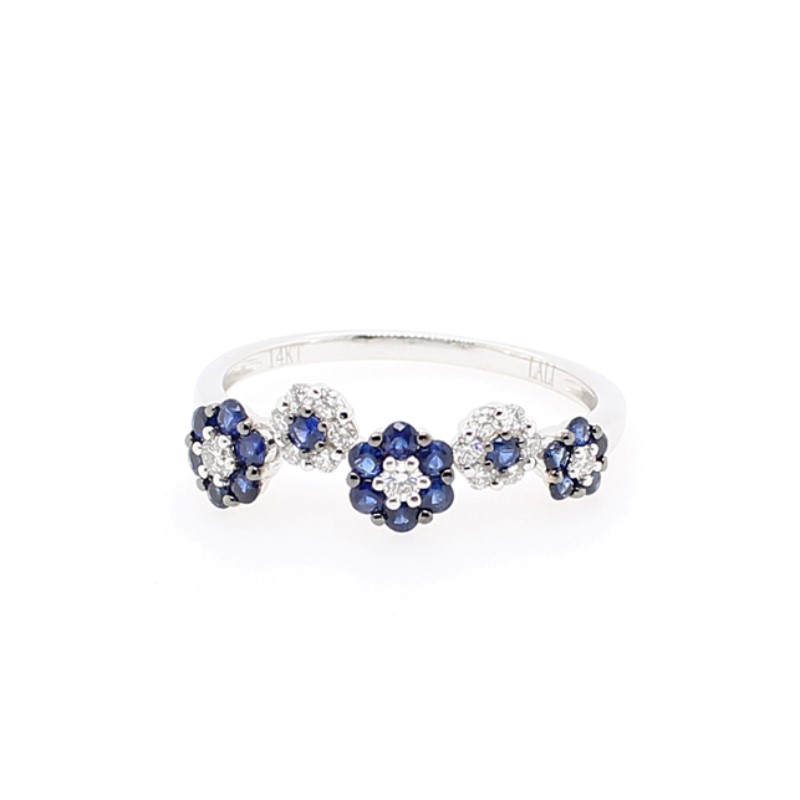 Staggered Blue Sapphire And Diamond Flower Ring