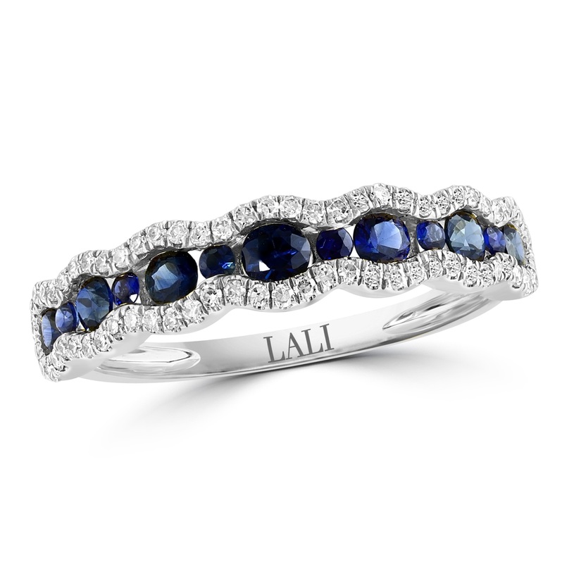 Blue Sapphire And Diamond Scallop Edge Band