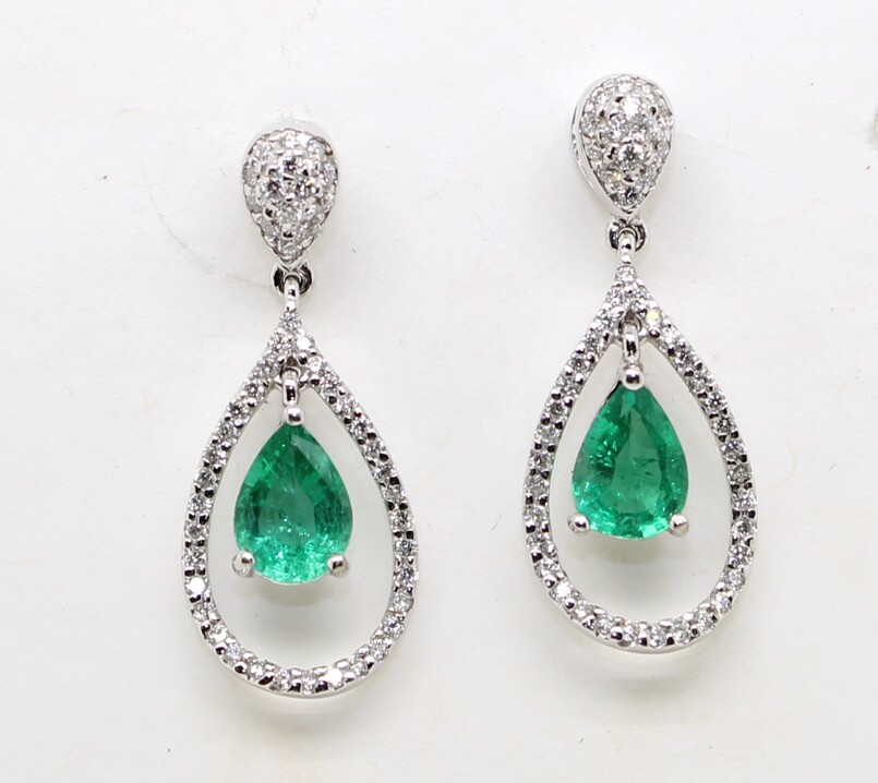 Estate 18 Karat White Gold Emerald And Diamond Dangle Earrings