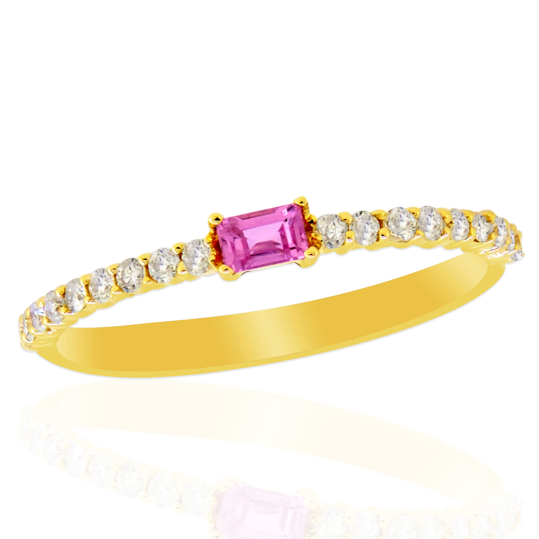 The ring contains 1 baguette cut pink sapphire prong set in the center with 9 full cut diamonds prong set on either side of center. Pink sapphire approximately = .11ctw. 18 diamonds approximately=