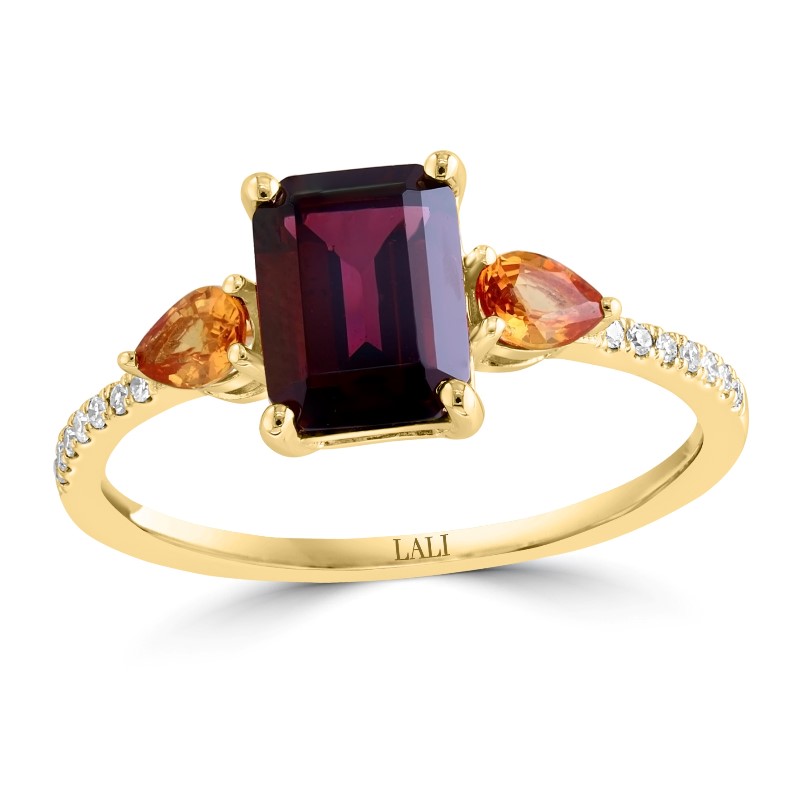 Rhodolite Garnet  Treated Orange Sapphire  And Diamond Ring