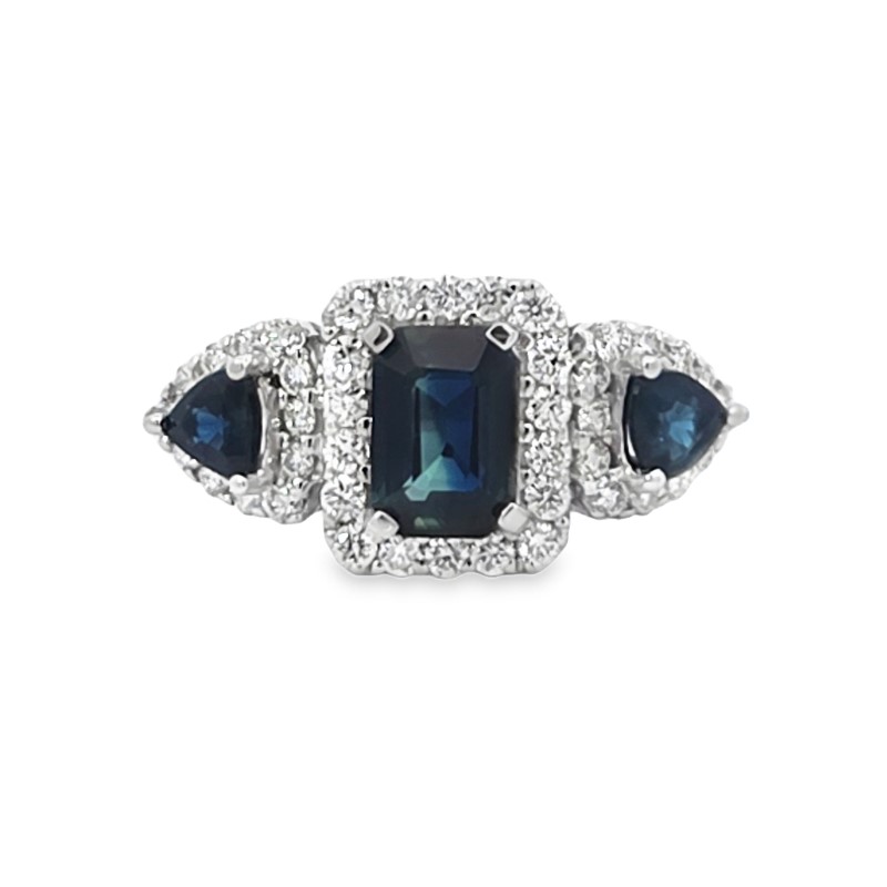 Blue Sapphire And Diamond Triple Halo Ring