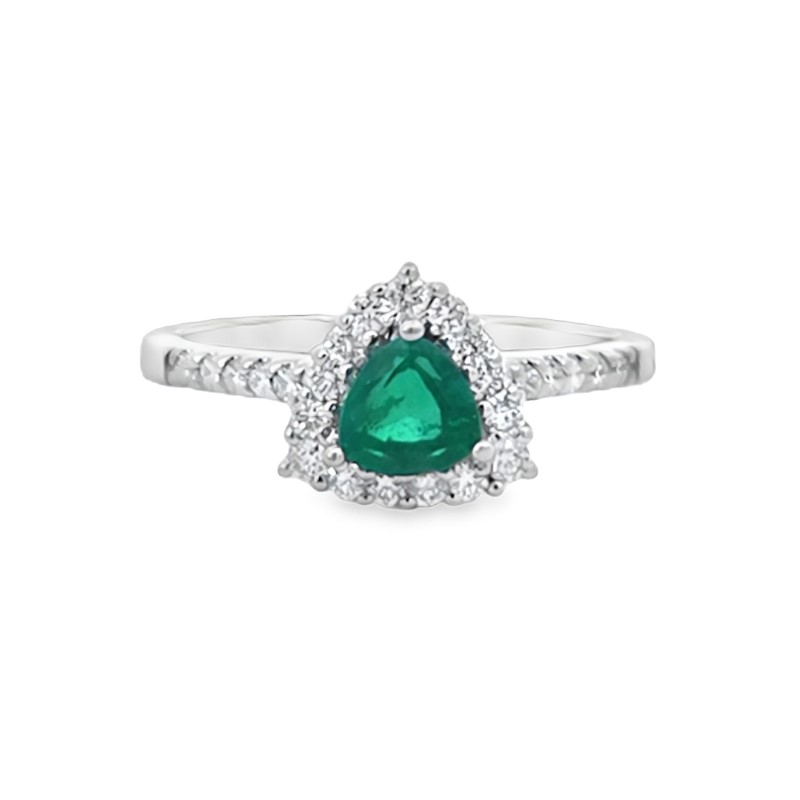 Triangle Cut Emerald Diamond Halo Ring