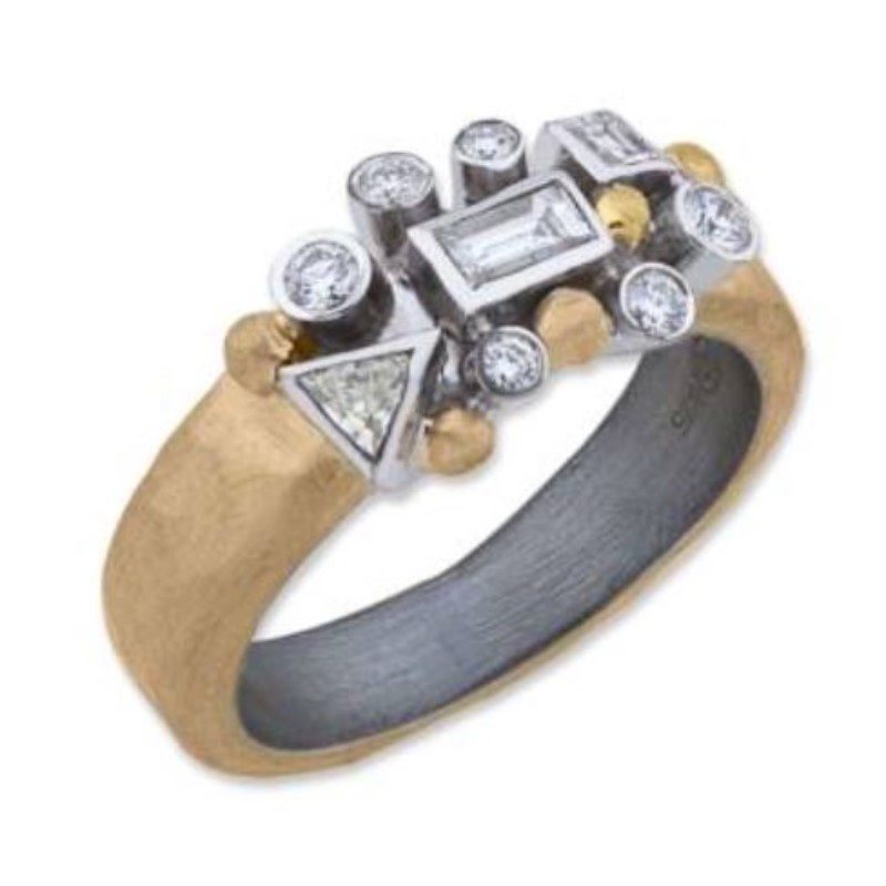Lika Behar 24K Gold & Oxidized Sterling Silver Flat Style “Fusion” (Fused With A Thick Sheet Of Gold)”Scatter” Ring With Round & Fancy Cut Diamonds Set In 18K Gold Bezel – Approximately 4 – 5 Mm  .33 Carat