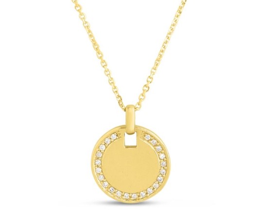 14 Karat Yellow Gold .10Ct Diamond Round Disc Tag 18" Necklace With Lobster Clasp.