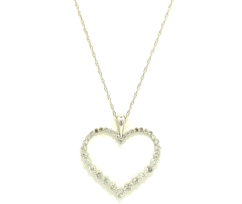 14 Karat White Gold Diamond Heart Pendant Necklace Measuring 18 Inches