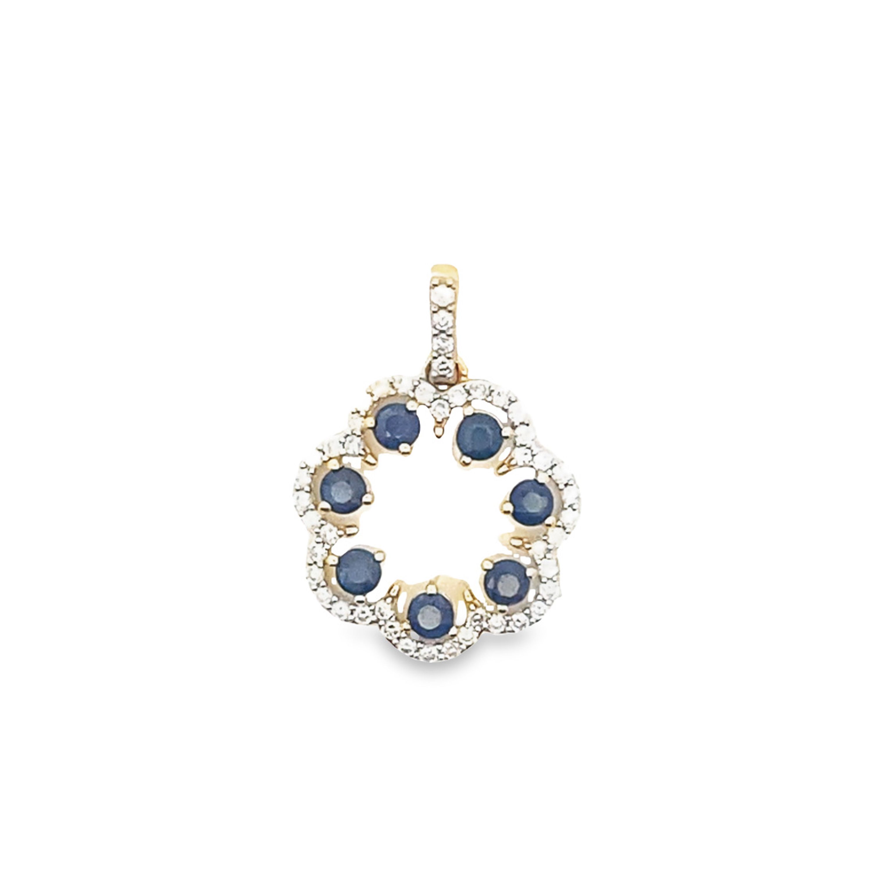 10 Karat Yellow Gold Blue Sapphire And Diamond Pendant Necklace Measuring 18 Inches