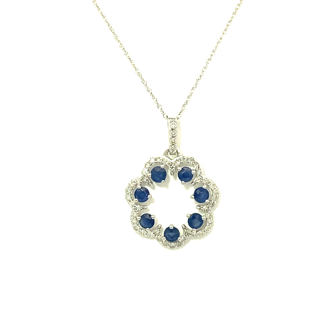 10 Karat White Gold Blue Sapphire And Diamond Pendant