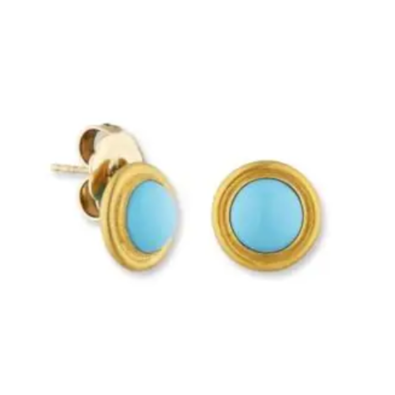Lika Behar 24K All Gold “Sloane” Round Cabochon Sleeping Beauty Turquoise Stud Earrings  18K Posts & Backings(Small Size) 8 Mm Turquoise 3.48 Carats.