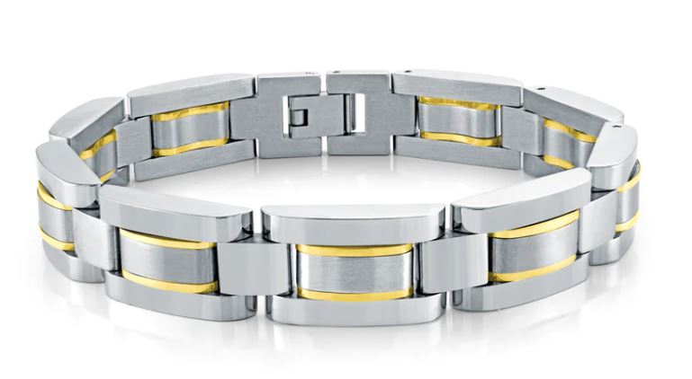 Italgem Brushed Stainless Steel Brushed  And Po9lished Bracelet With Gold Plated Center Pieces.