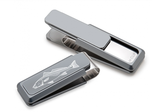 M-Clip Ultralight Anodized Aluminum Money Clip Having An Engraved Redfish Design In The Center.