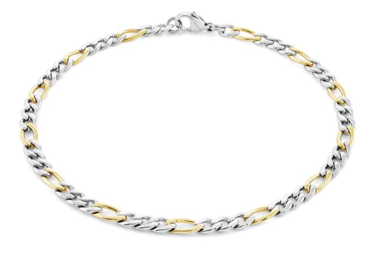 Italgem Stainless Steel 3-Links Gold Plated 4.5mm Figaro Link Chain Measuring 24 Inches.