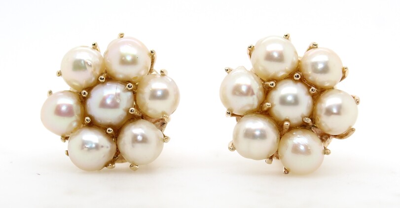 Estate 14 Karat Yellow Gold Pearl Cluster Earrings With Clip Backs