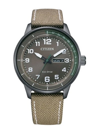 Citizen Eco Drive Timepiece   The Watch Contains A 42 Mm Black Stainless Steel Case Having A Brown Arabic Date Dial With A Black Bezel And A Mineral Crystal  A Brown Nylon And Leather Strap