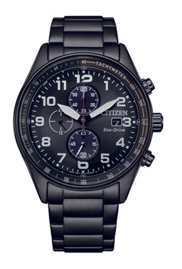 Citizen Eco Drive Timepiece   The Watch Contains A 43 Mm Black Stainless Steel Case Having A Black Arabic Date Dial With 3 Sub Dials  A Black Bezel A Mineral Crystal  And A Black Stainless Steel Bracelet