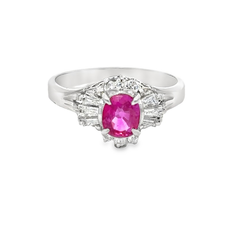 Estate platinum oval ruby and diamond ring