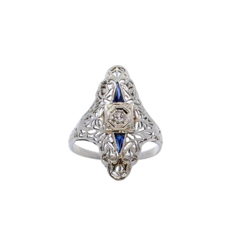 Estate 14 Karat White Gold Old European Diamond And Blue Sapphire Filigree Ring