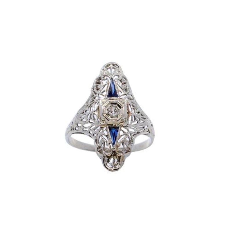 Estate Old European Diamond And Blue Sapphire Filigree Ring