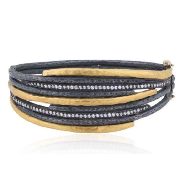 Lika Behar 24K Hammered Gold & Oxidized Silver “Zebra” 9 Row Bracelet With Diamonds Set On Ox