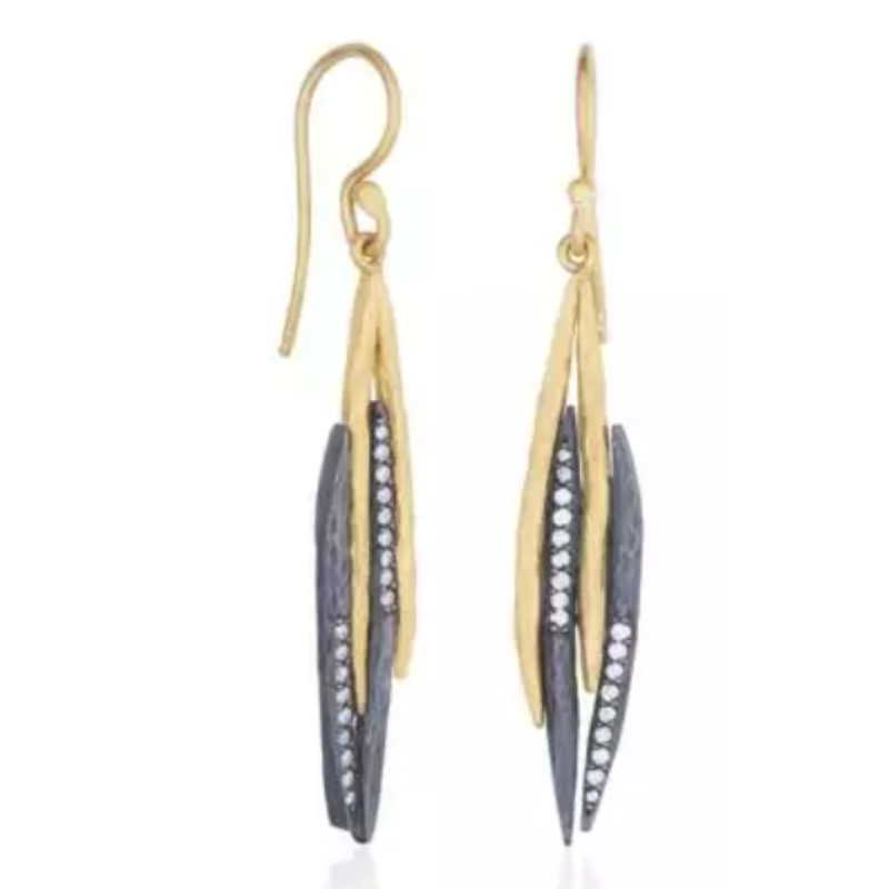 Lika Behar 24K Gold & Oxidized Silver Leaf Shape “Zebra” Earrings With Diamonds Set On Ox