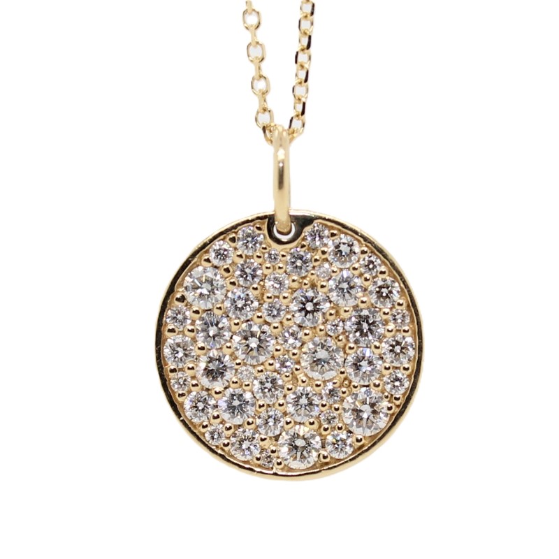 14 Karat Yellow Gold Diamond Disc Pendant Necklace Measuring 16 Inches