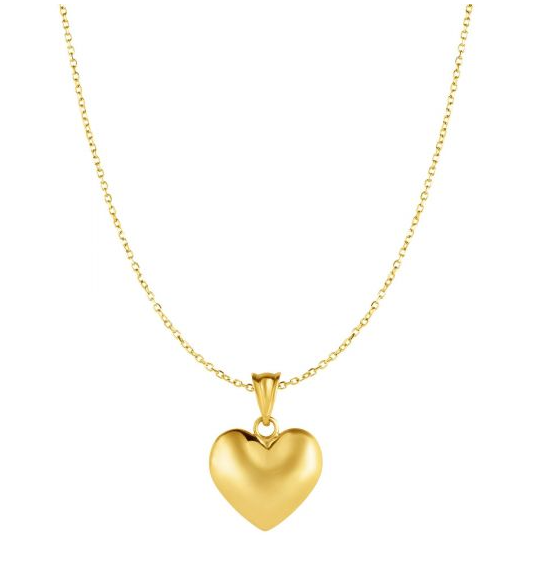 10 Karat Yellow Gold Puffy Heart Pendant On An 18 Inch Cable Chain.