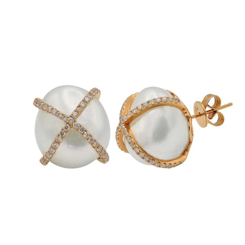 Diamond Wrapped Baroque White Pearl Earrings