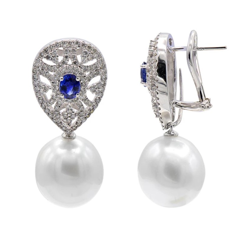 Diamond And Blue Sapphire South Sea Pearl Earrings