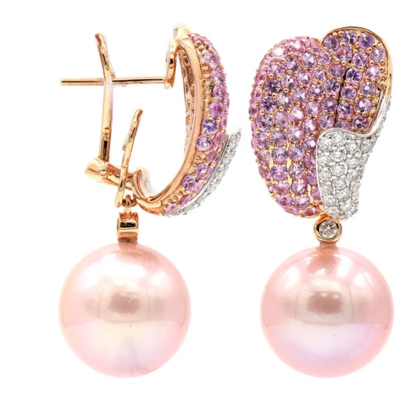 Pink Sapphire and Diamond Pink Pearl Earrings