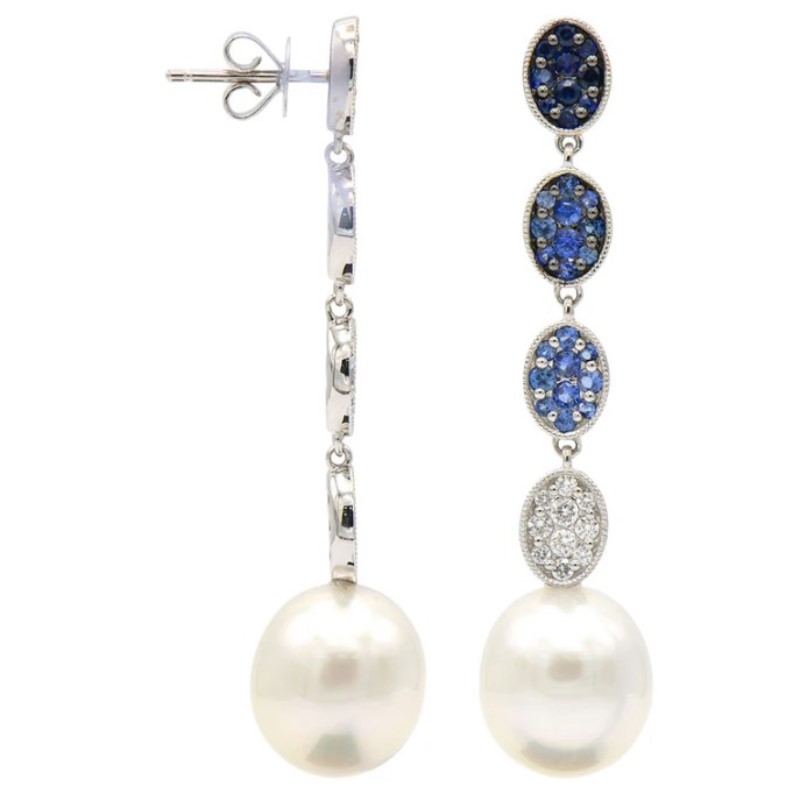 Diamond And Blue Sapphire Pearl Dangle Earrings