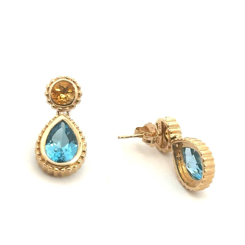 14 Karat Yellow Gold Citrine And Blue Topaz Dangle Earrings