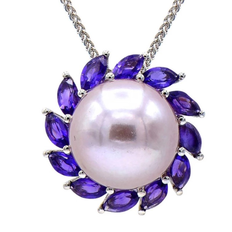 Amethyst and White South Sea Pearl Pendant Necklace