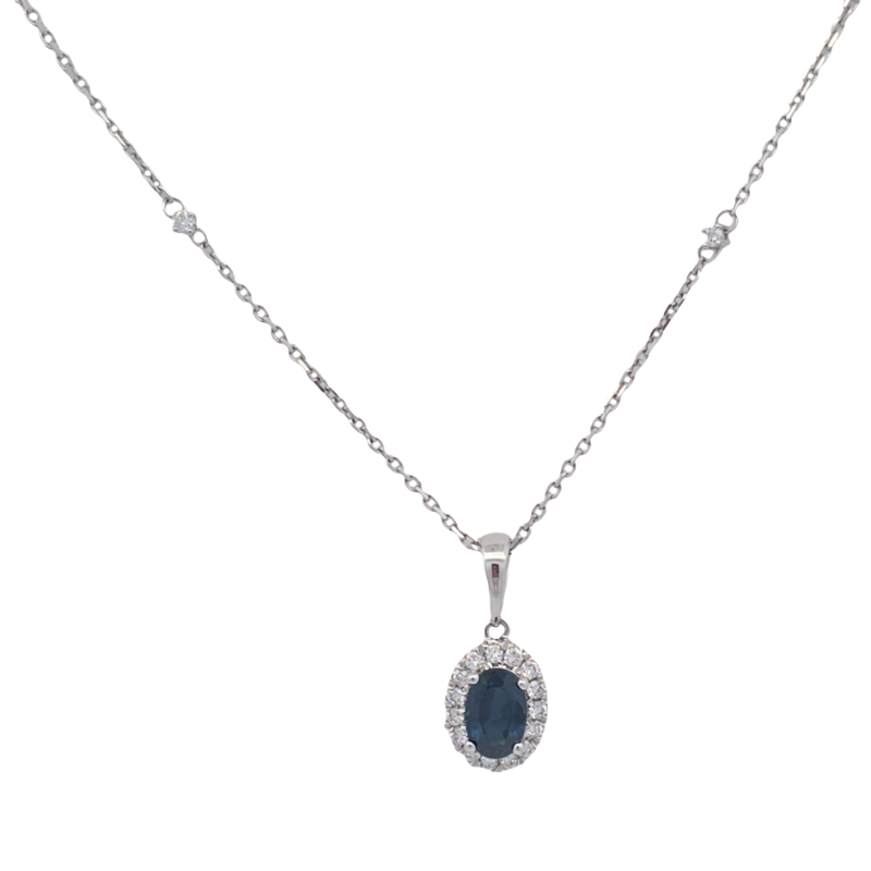 Oval Blue Sapphire And Diamond Halo Pendant Necklace