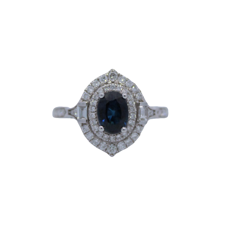 Blue Sapphire and Diamond Double Halo Ring