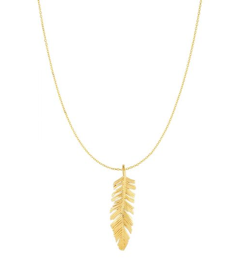 10 Karat Yellow Gold Feather Pendant On An 18 Inch Cable Chain.