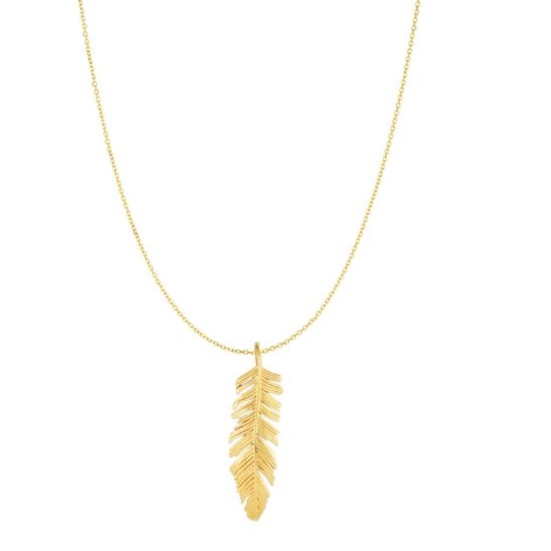 10 Karat Yellow Gold Feather Pendant On An 18 Inch Cable Chain.