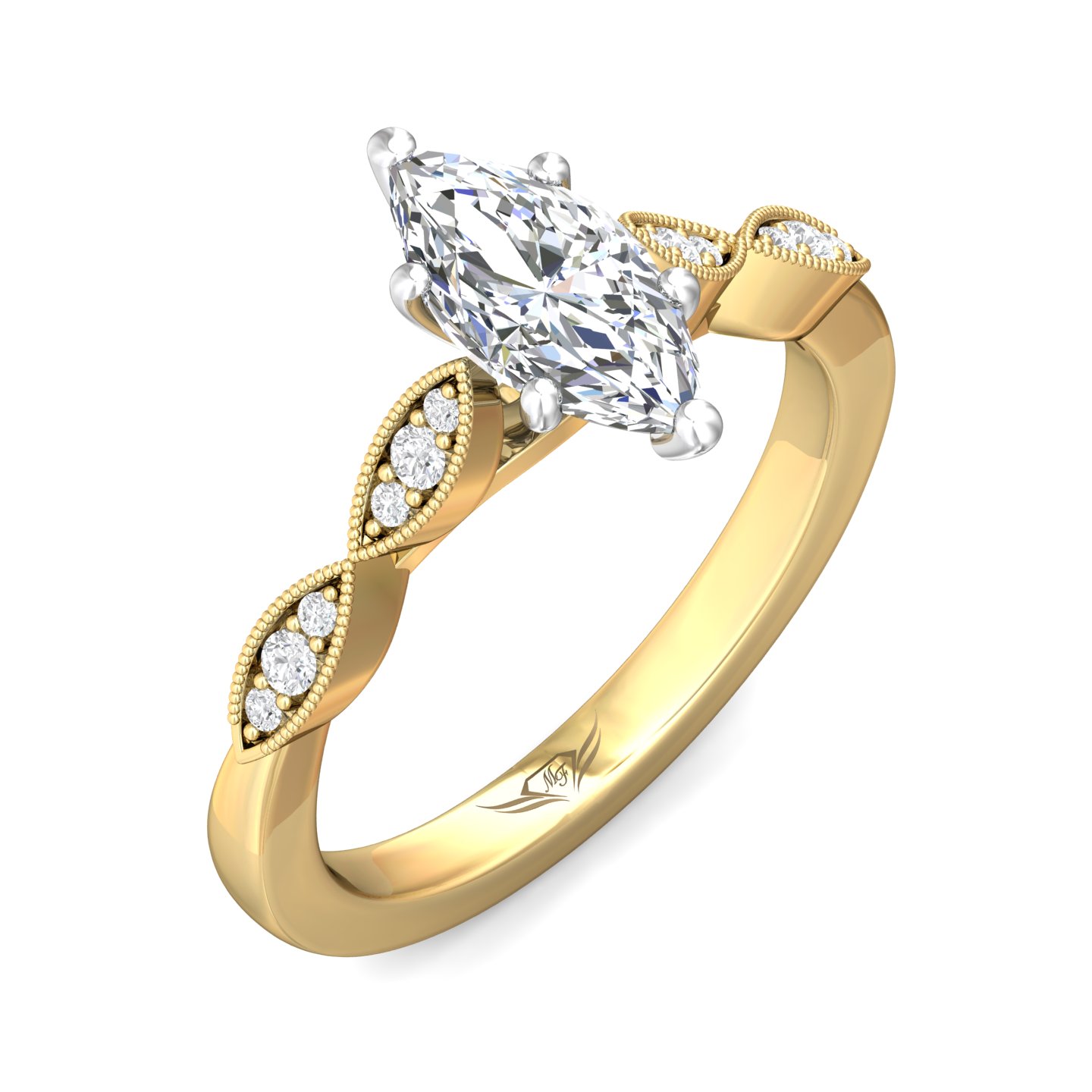 14K Yellow and White Gold Marquise Diamond Engagement Ring