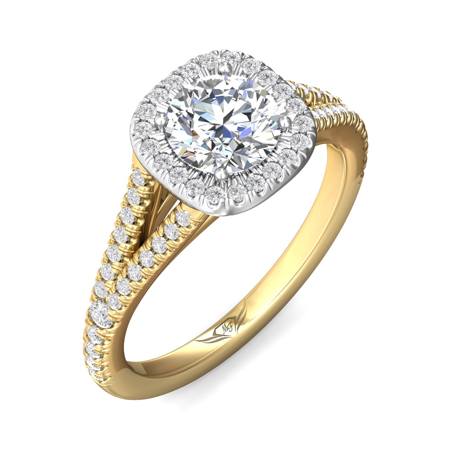 18K White and Yellow Gold Cushion Diamond Engagement Ring