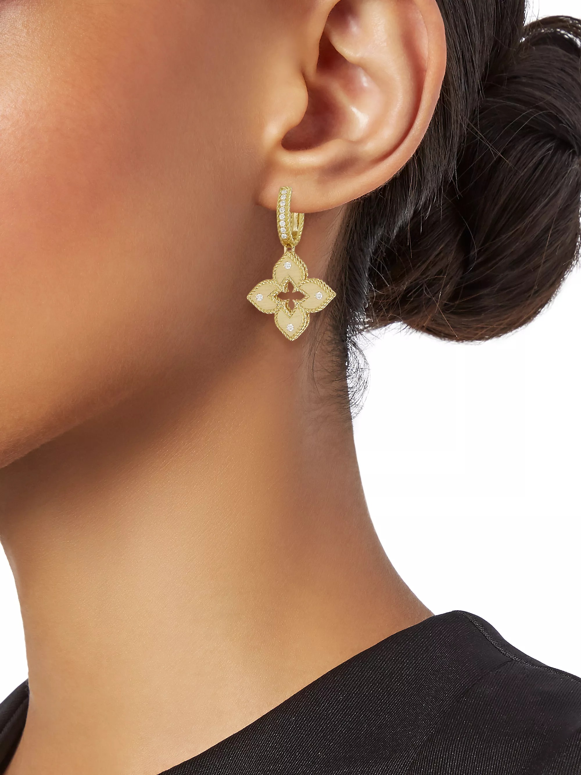 Roberto Coin Venetian Princess Collection 18-karat Yellow Gold Flower Diamond Huggie Drop Earrings Featuring Round Brilliant Cut Diamonds (0.23 Carats Total Weight) Finished On Huggie Backs.