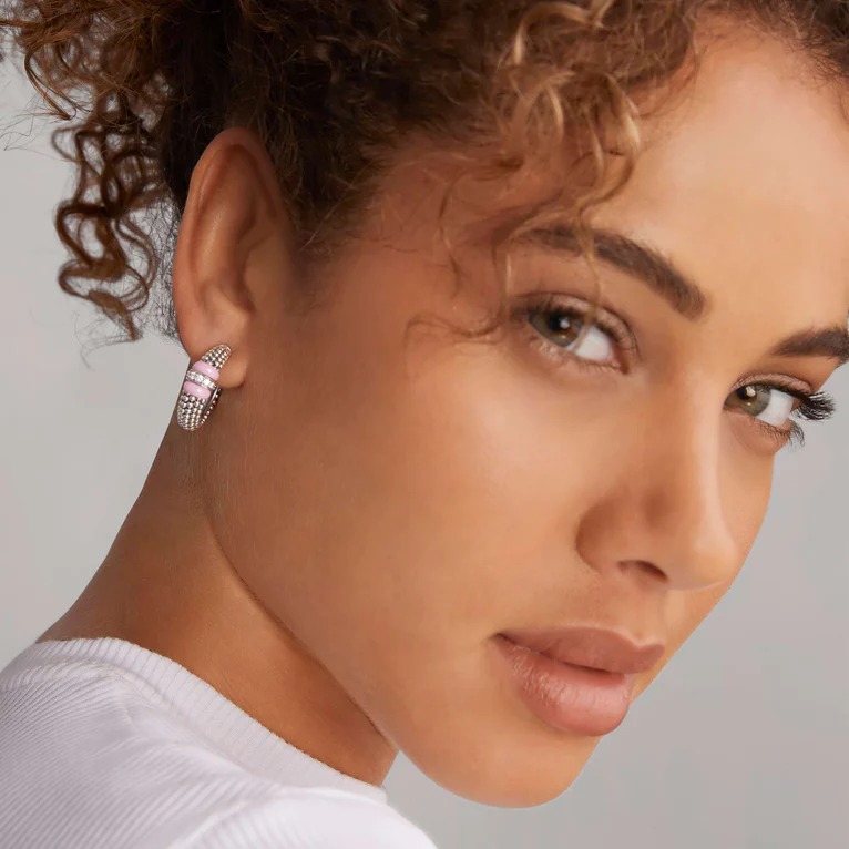 Lagos Pink Caviar Ceramic Diamond Hoop Earrings