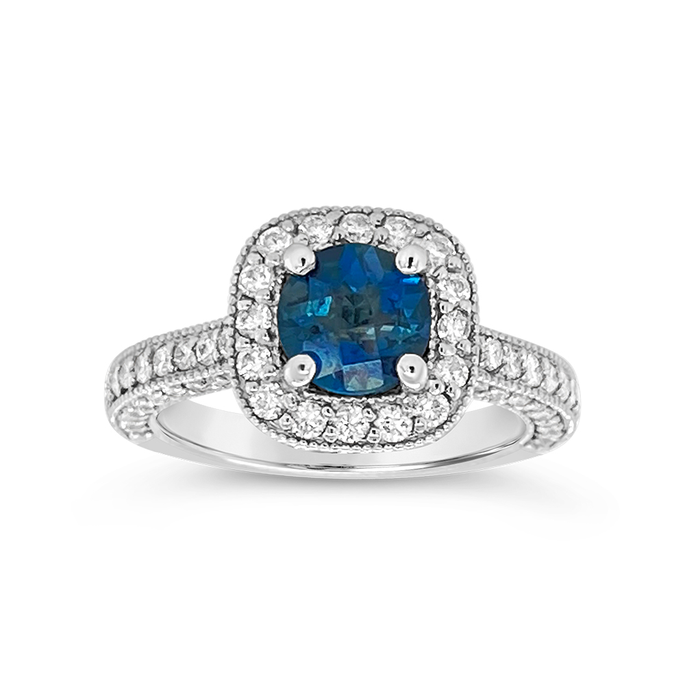 Irisa By Martin Binder London Blue Topaz & Diamond Cushion Halo Ring